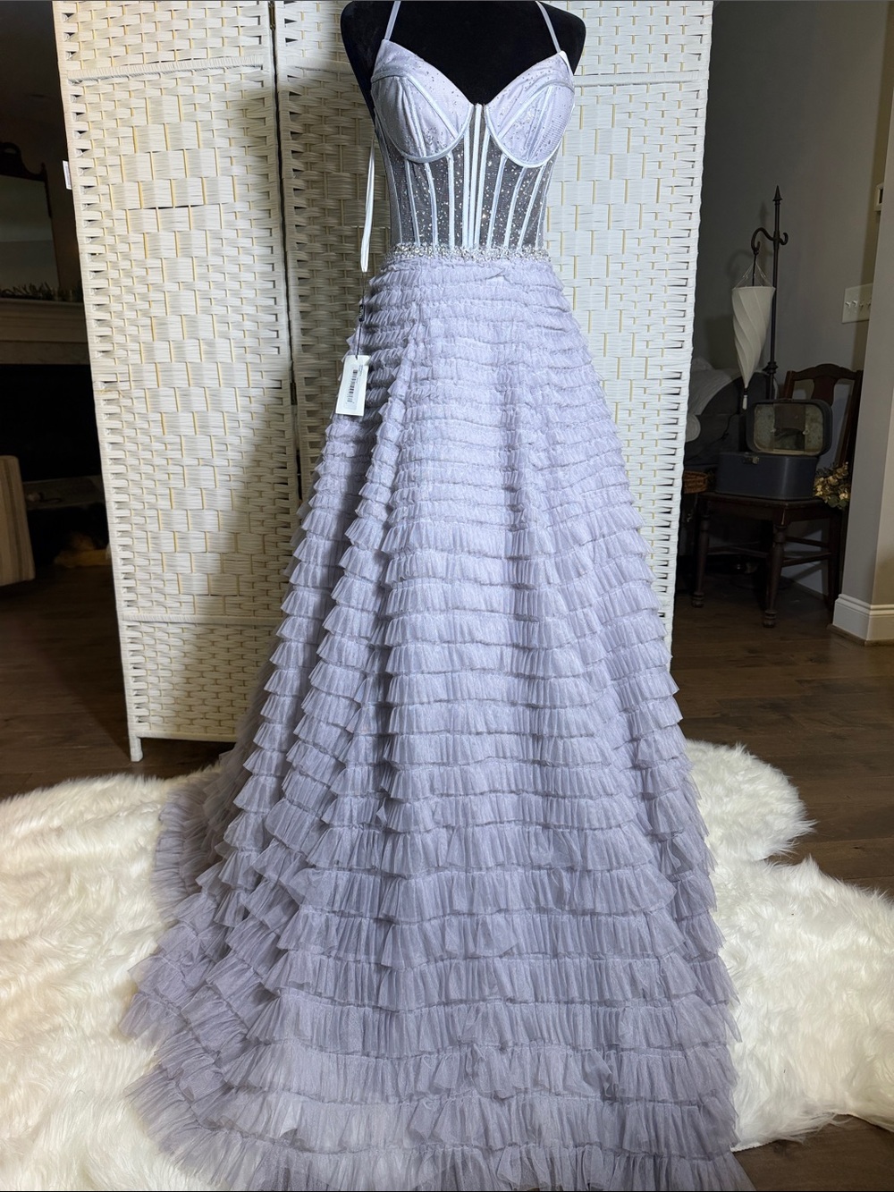 Terani Couture silver/light lavender Beaded Corset Ruffled Gown